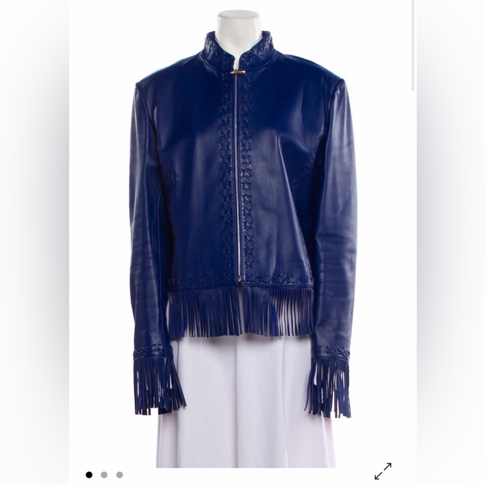 St. John Sport Blue Leather Fringe Jacket size large